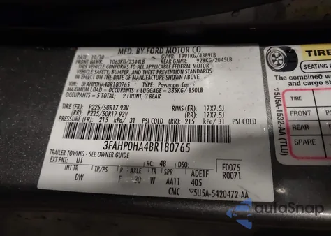 2011 Ford Fusion Se from USA, damaged, VIN 3FAHP0HA4BR180765